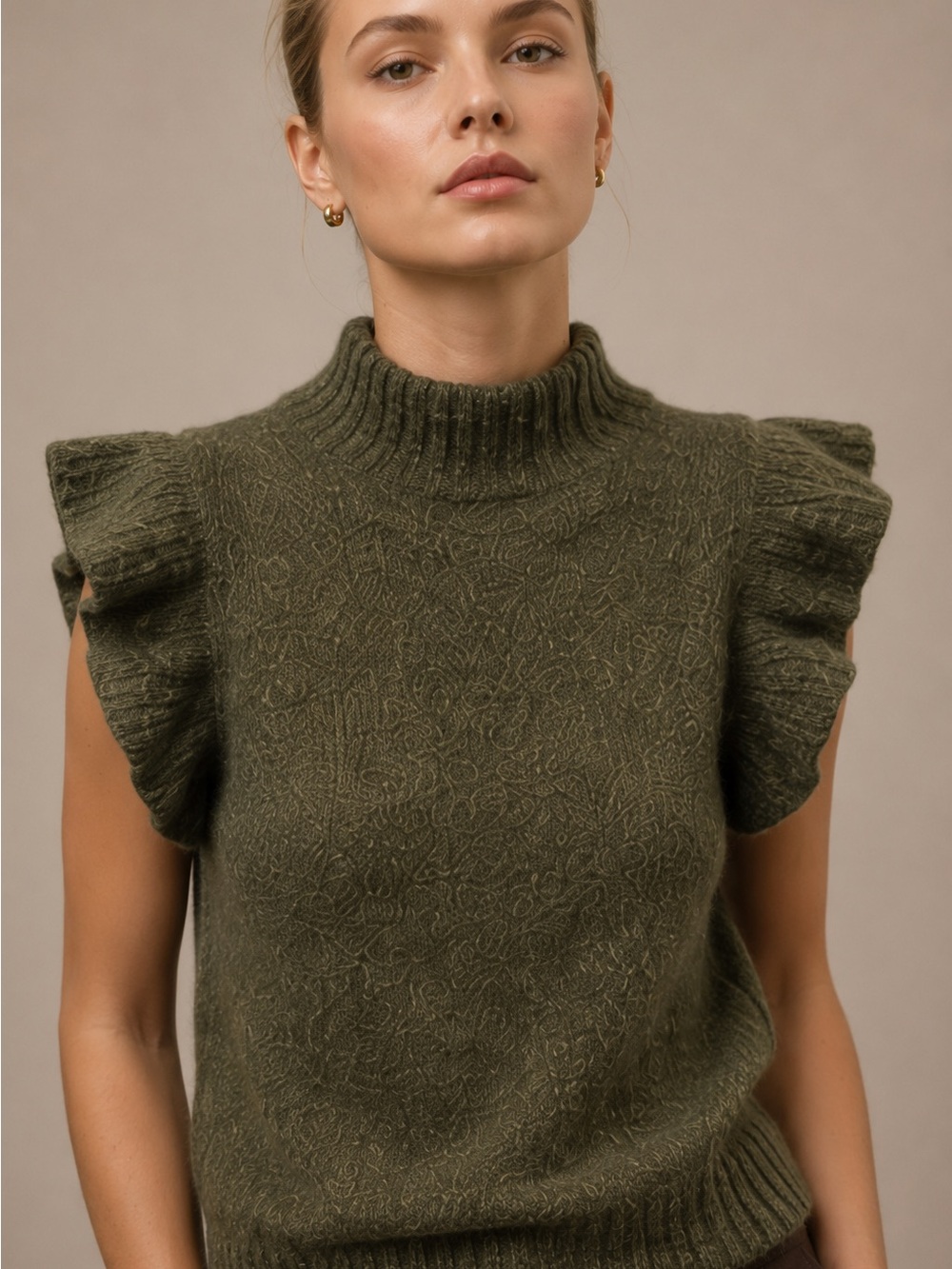 Zara Olive Green Wool Blend Ruffle Mock Neck Sleeveless Sweater Top NWT L